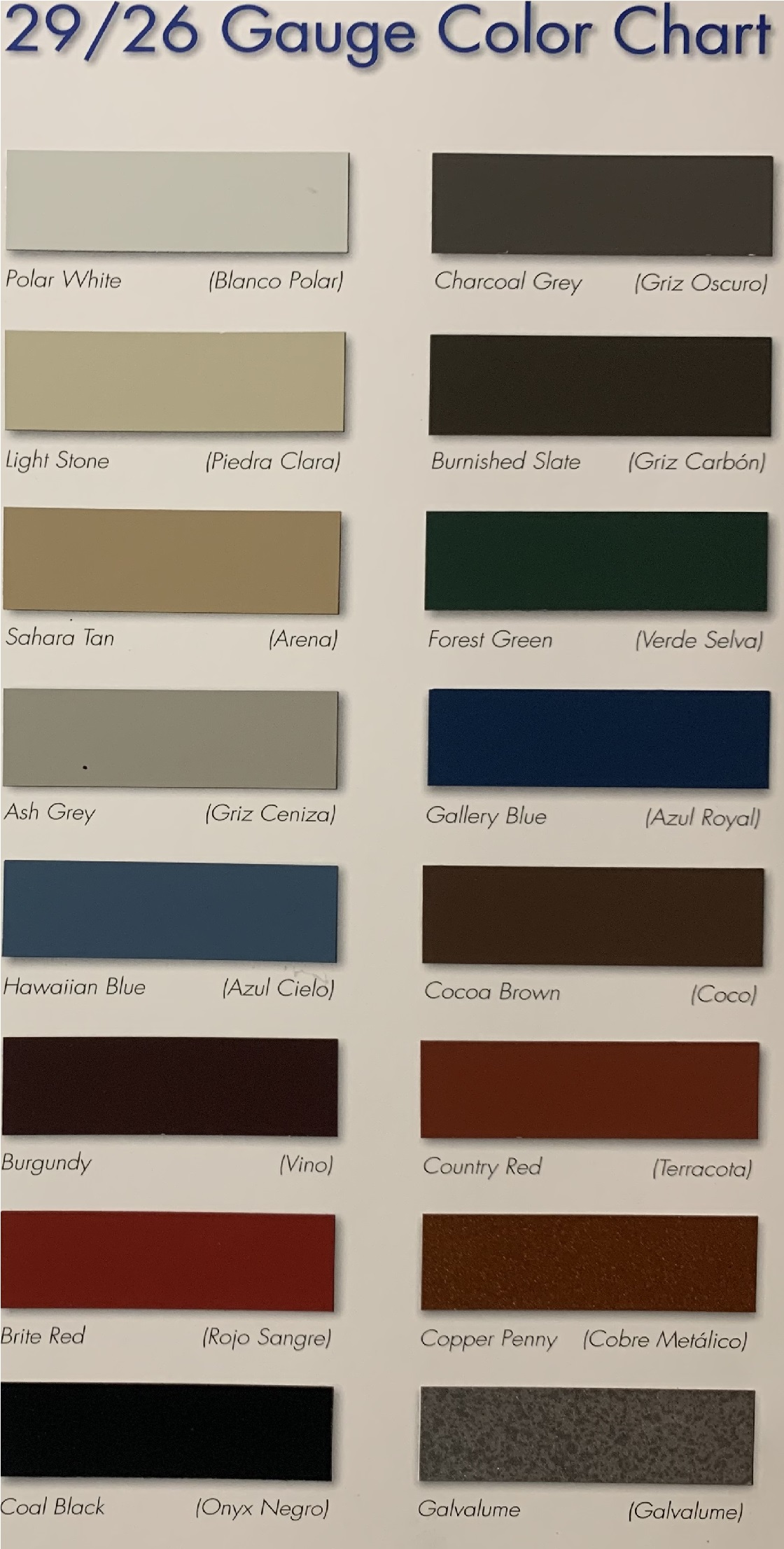 Color chart for metal roof colors